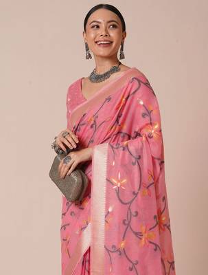 Pink ethnic motif woven design banarasi silk saree 4