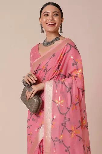 Pink ethnic motif woven design banarasi silk saree