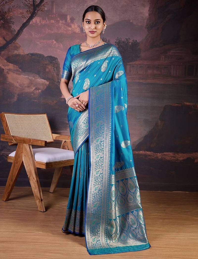 Turquoise woven design banarasi saree