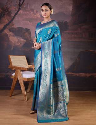 Turquoise woven design banarasi saree 2