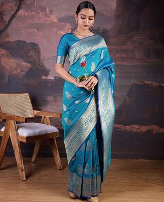 Turquoise woven design banarasi saree 4