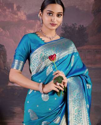 Turquoise woven design banarasi saree 5