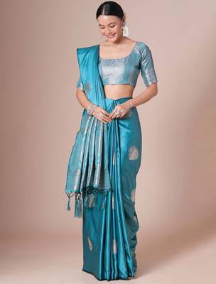 Blue light blue satin silk  woven design party wear saree with matching blouse 1