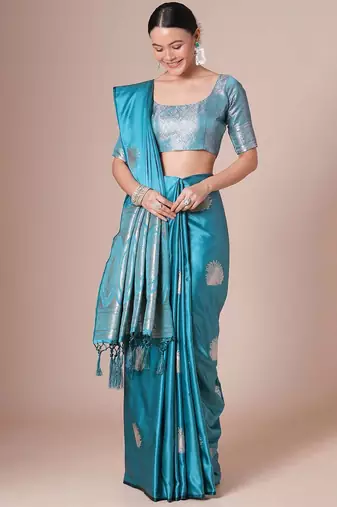 Blue light blue satin silk  woven design party wear saree with matching blouse