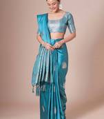 Blue light blue satin silk  woven design party wear saree with matching blouse