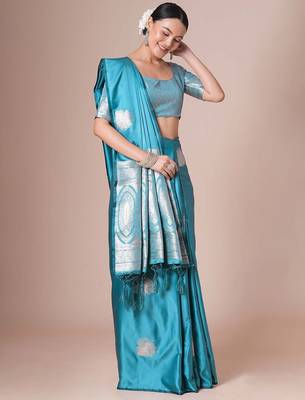 Blue light blue satin silk  woven design party wear saree with matching blouse 2