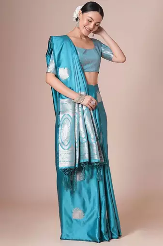 Blue light blue satin silk  woven design party wear saree with matching blouse