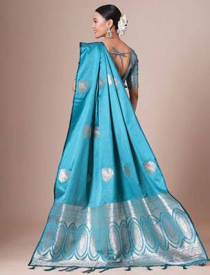 Blue light blue satin silk  woven design party wear saree with matching blouse 3
