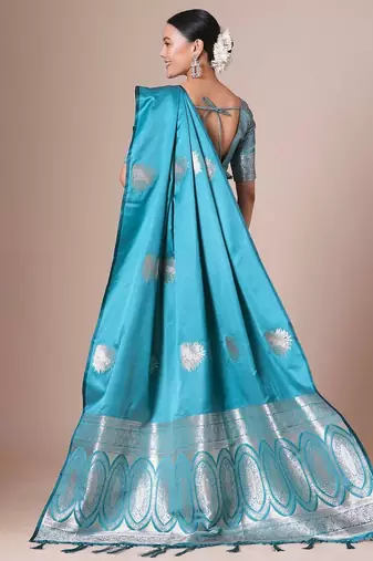 Blue light blue satin silk  woven design party wear saree with matching blouse