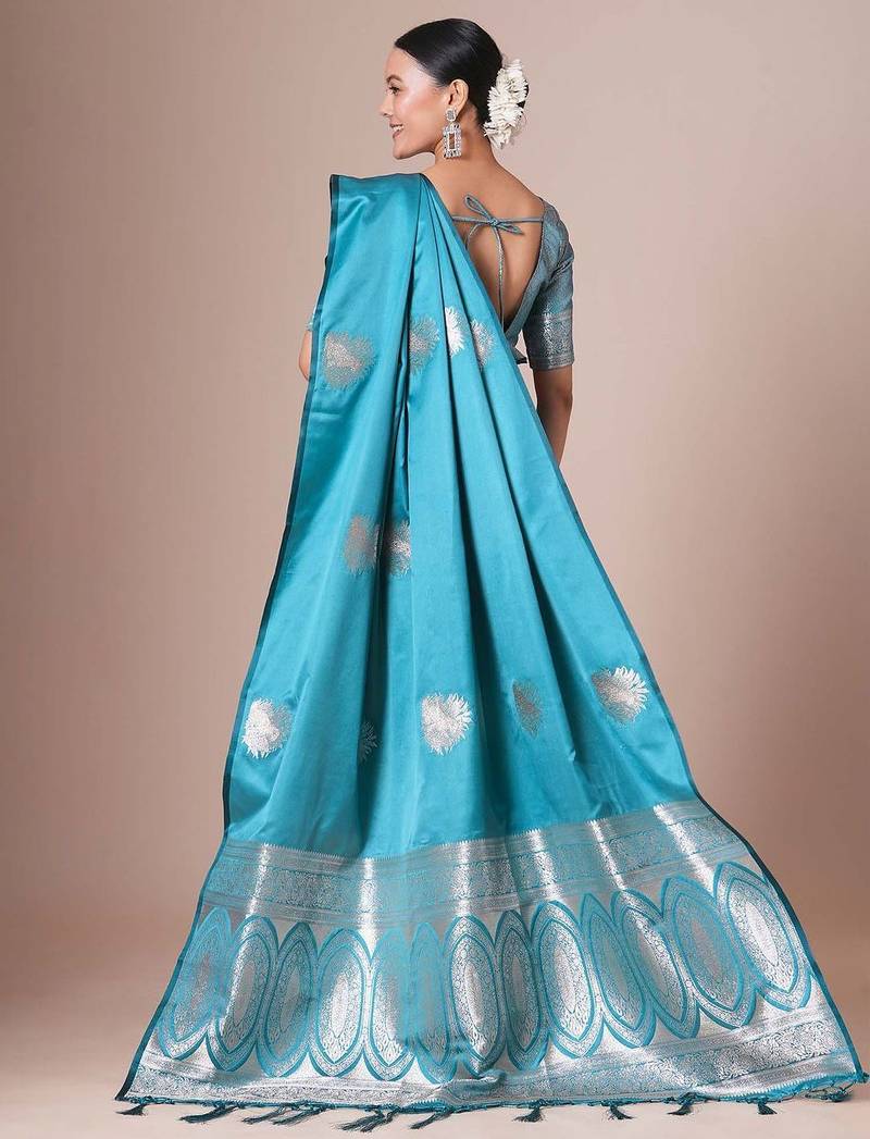 Blue light blue satin silk  woven design party wear saree with matching blouse