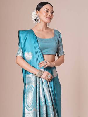 Blue light blue satin silk  woven design party wear saree with matching blouse 4