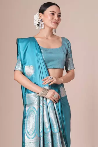 Blue light blue satin silk  woven design party wear saree with matching blouse