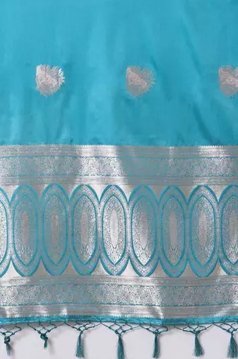 Blue light blue satin silk  woven design party wear saree with matching blouse