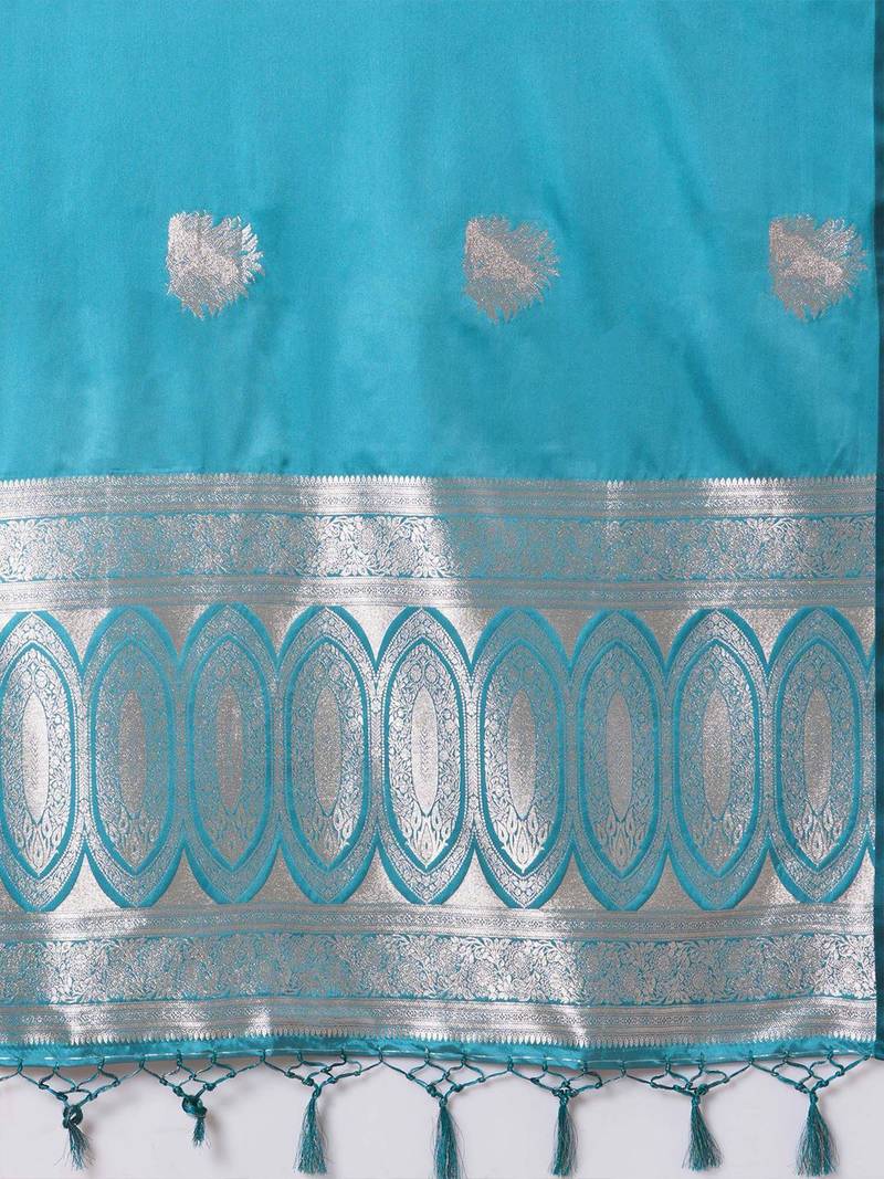 Blue light blue satin silk  woven design party wear saree with matching blouse