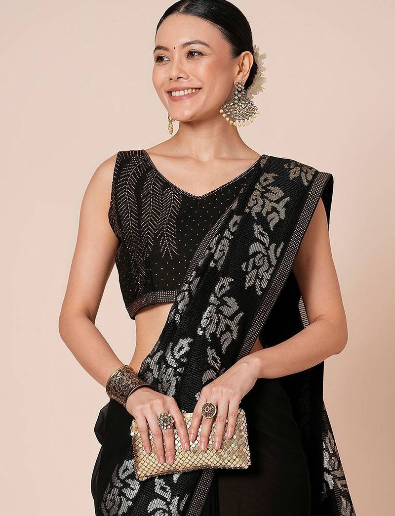 Black embellished party wear saree with blouse piece