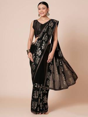 Black embellished party wear saree with blouse piece 2