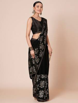 Black embellished party wear saree with blouse piece 3