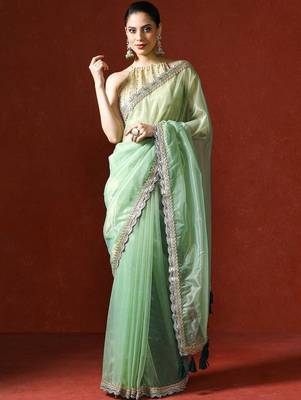 Green embellished sequinned saree with blouse 1