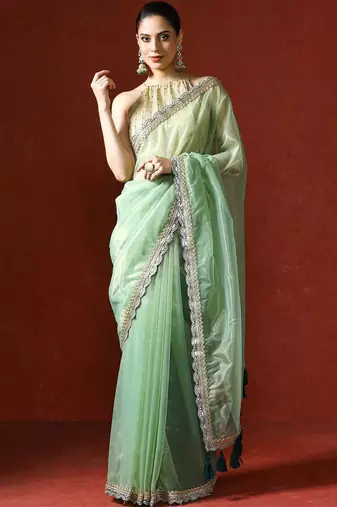 Green embellished sequinned saree with blouse