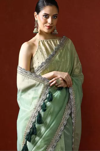 Green embellished sequinned saree with blouse