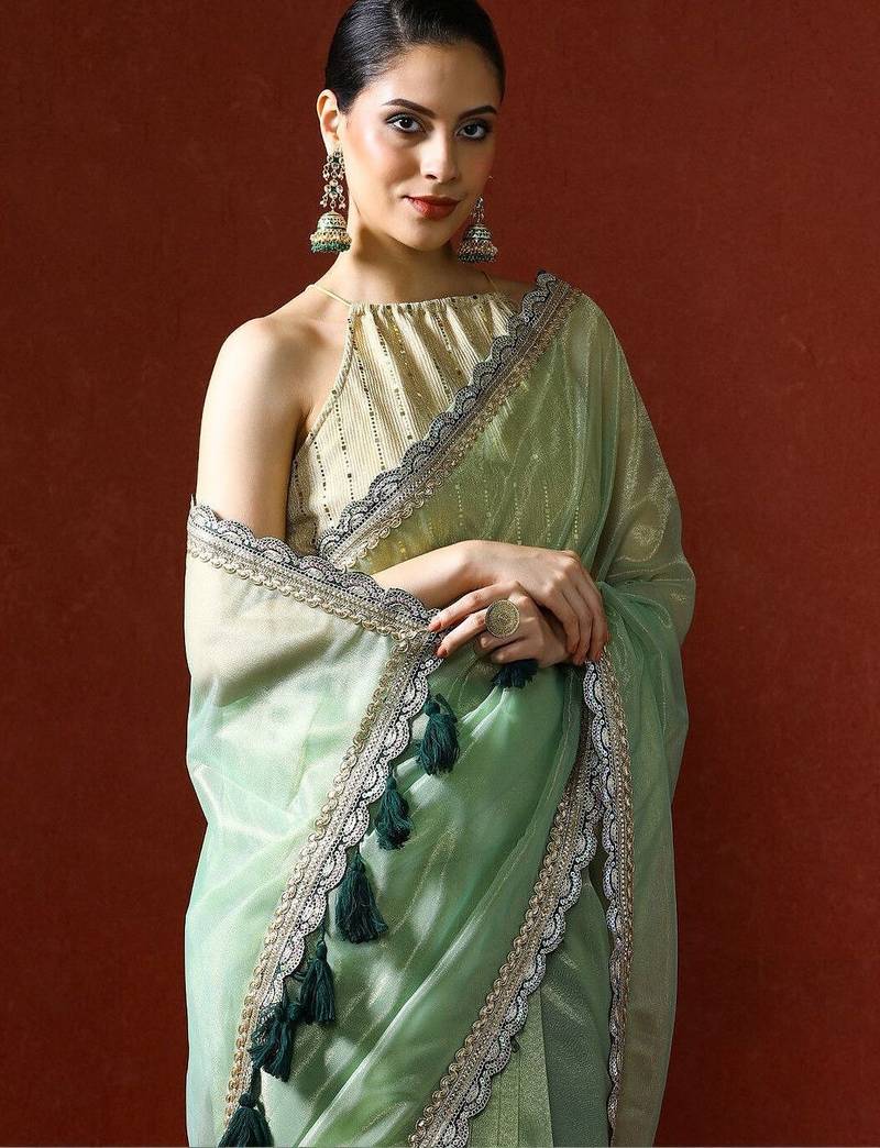 Green embellished sequinned saree with blouse
