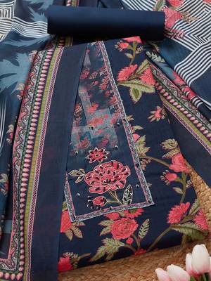 floral printed beads and stones work unstitched dress material 1