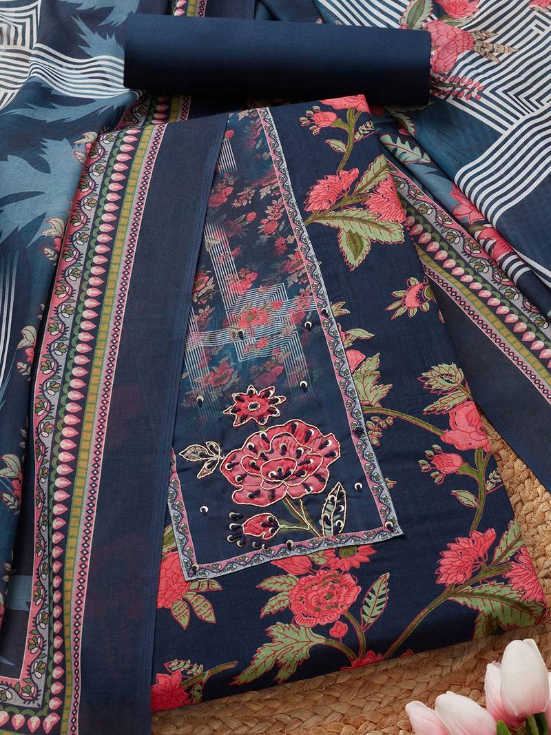 floral printed beads and stones work unstitched dress material