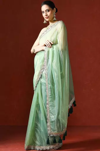 Green embellished sequinned saree with blouse