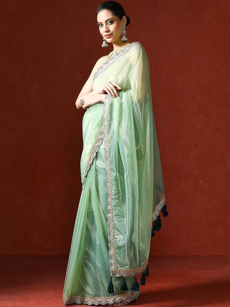 Green embellished sequinned saree with blouse