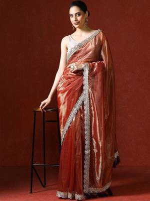 Orange embellished sequinned saree with blouse 1