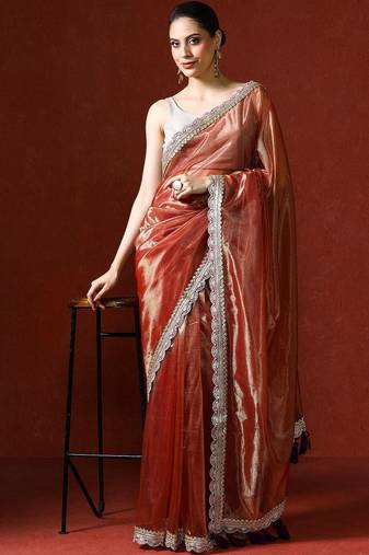 Orange embellished sequinned saree with blouse
