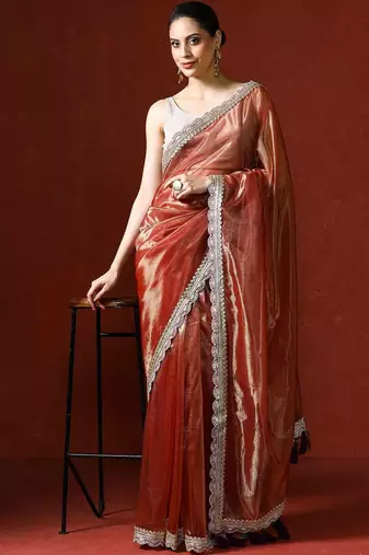 Orange embellished sequinned saree with blouse