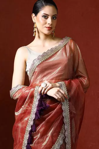 Orange embellished sequinned saree with blouse