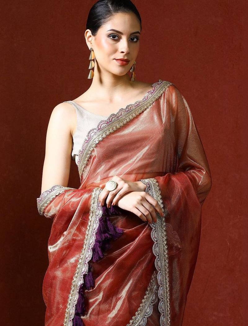 Orange embellished sequinned saree with blouse