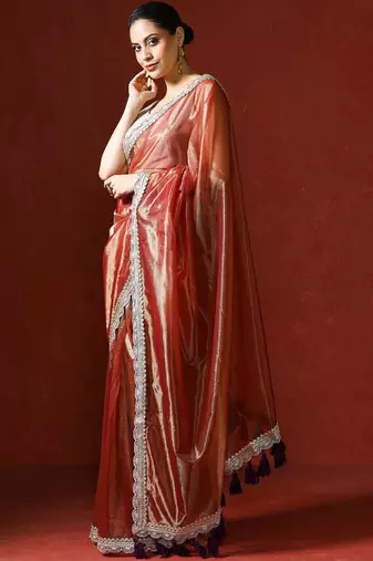 Orange embellished sequinned saree with blouse