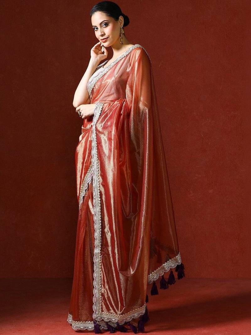 Orange embellished sequinned saree with blouse