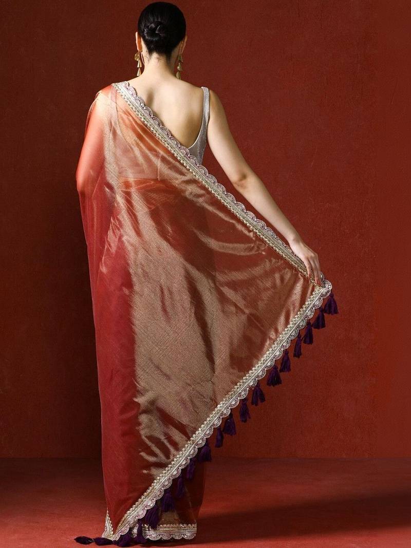 Orange embellished sequinned saree with blouse