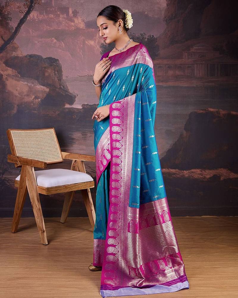 Turquoise woven design banarasi saree