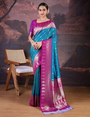 Turquoise woven design banarasi saree 2