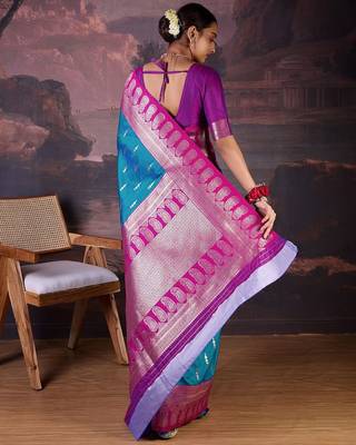 Turquoise woven design banarasi saree 4