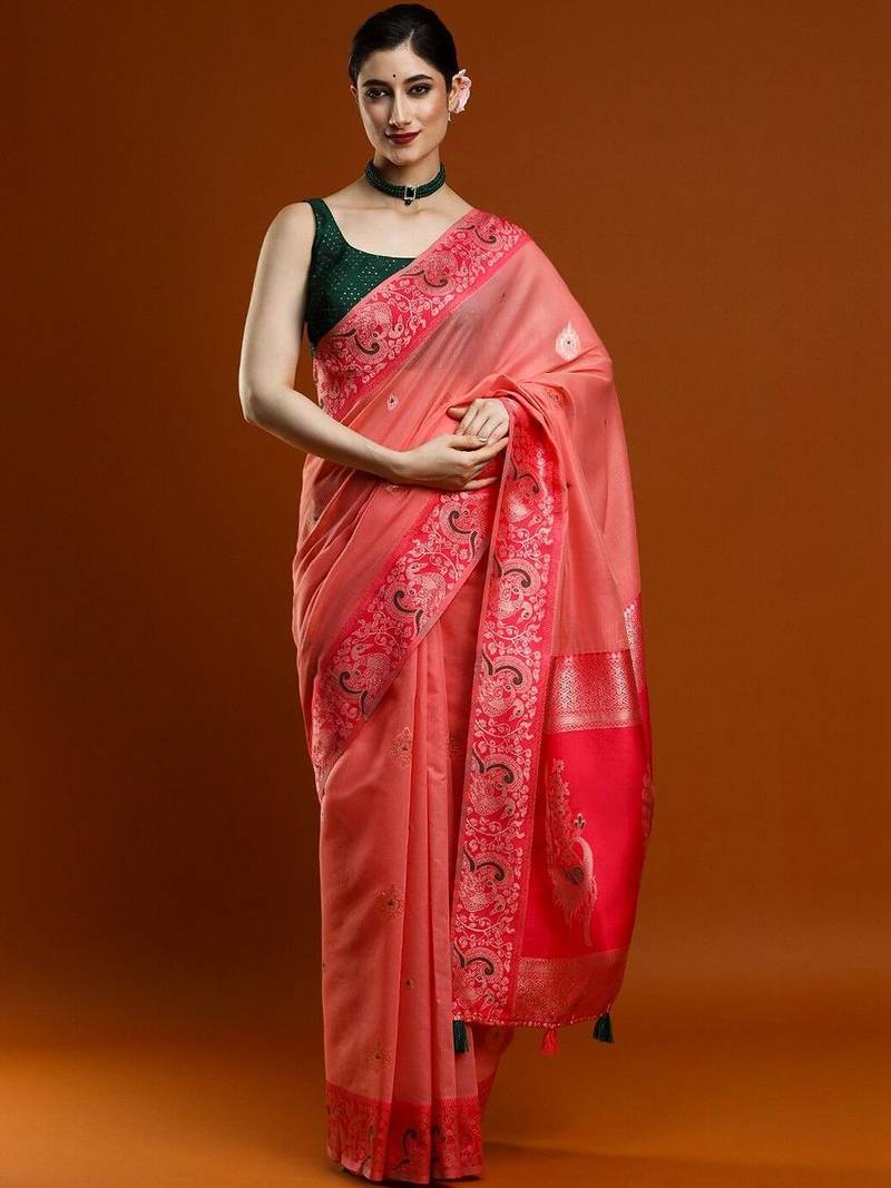 Pink woven design saree with blouse