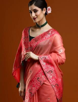 Pink woven design saree with blouse 2