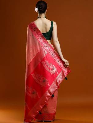 Pink woven design saree with blouse 4
