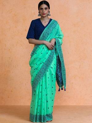 Green woven design chanderi sarees with blouse piece 1