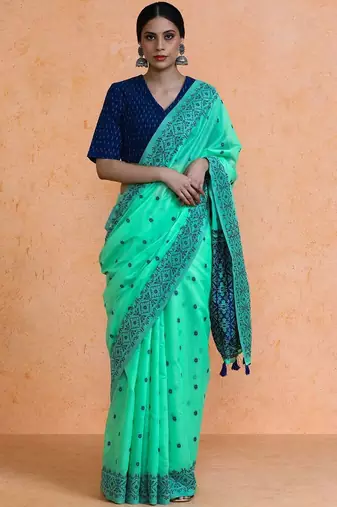 Green woven design chanderi sarees with blouse piece