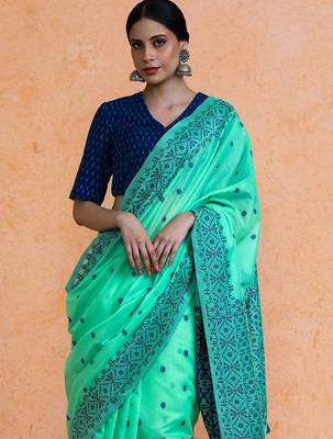 Green woven design chanderi sarees with blouse piece 2