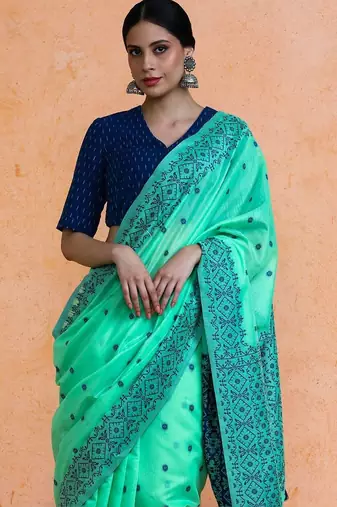 Green woven design chanderi sarees with blouse piece