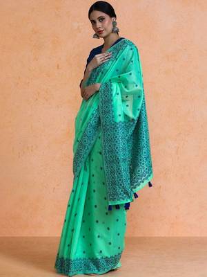 Green woven design chanderi sarees with blouse piece 3