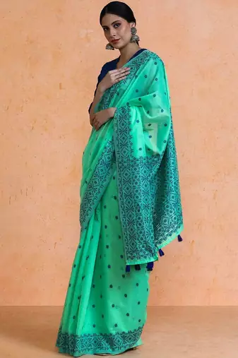 Green woven design chanderi sarees with blouse piece