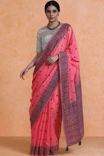 Pink woven design saree with blouse